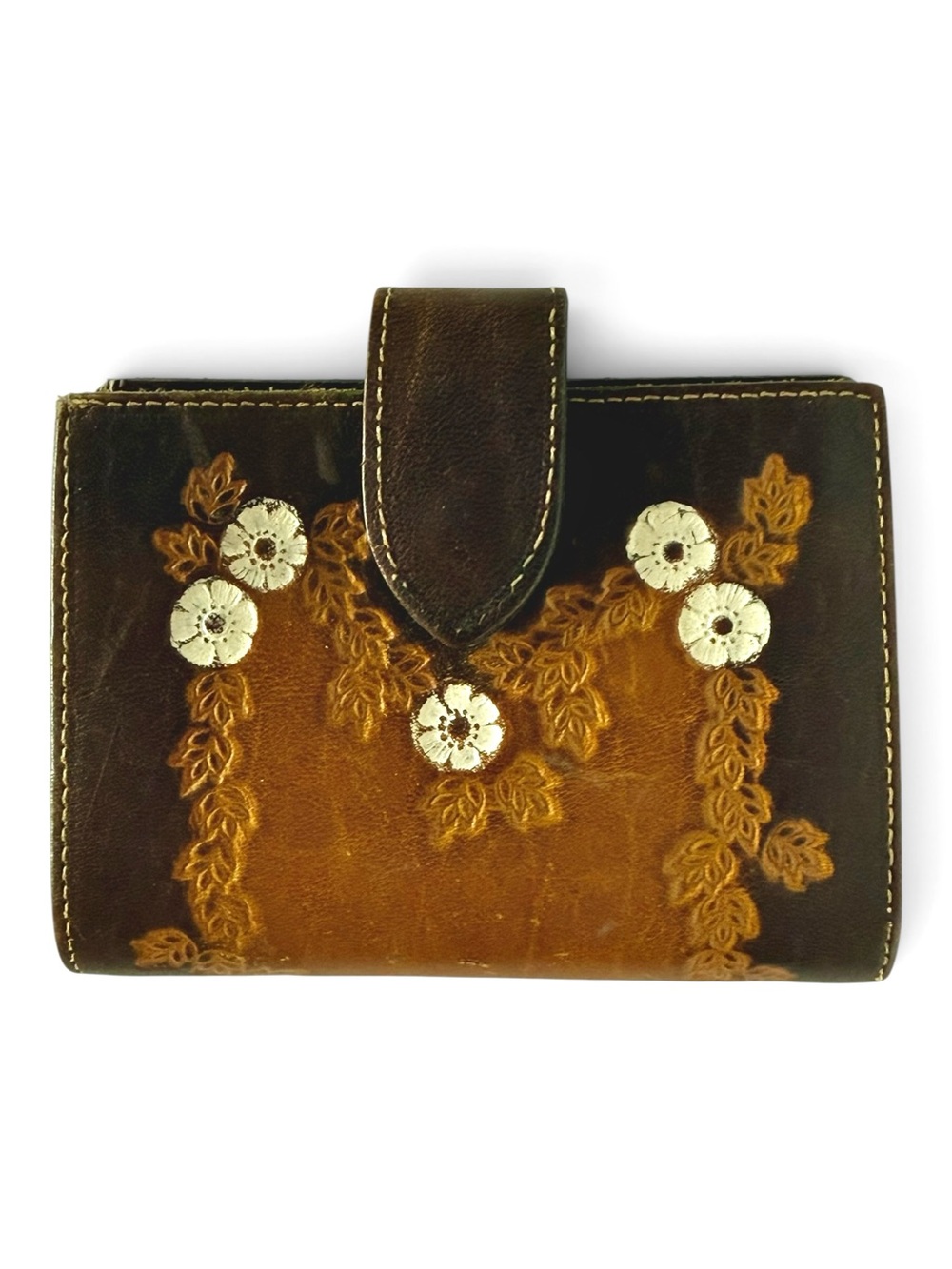 Vintage Baronet Tooled Leather Floral‎ Cowhide Wallet Brown Western Boho Bifold